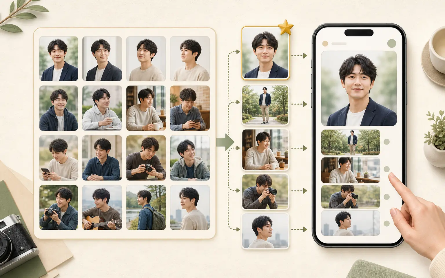 撮影した写真からメインとサブ写真を選びプロフィールへ並べるイメージ