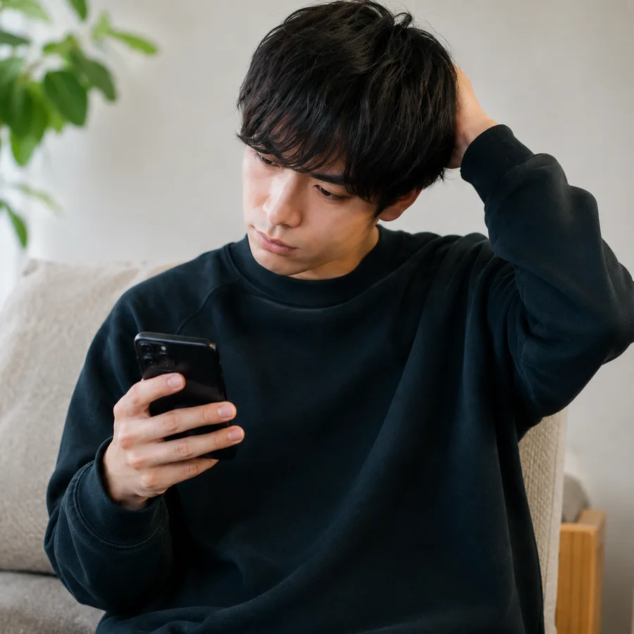 ソファでスマホを見ながら、頼もうか迷って頭に手をやっている様子