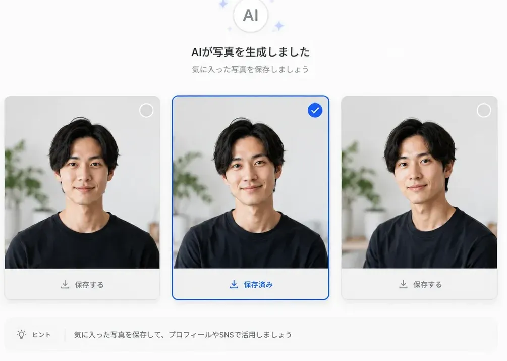 生成された3枚を見比べて、1枚を保存している画面
