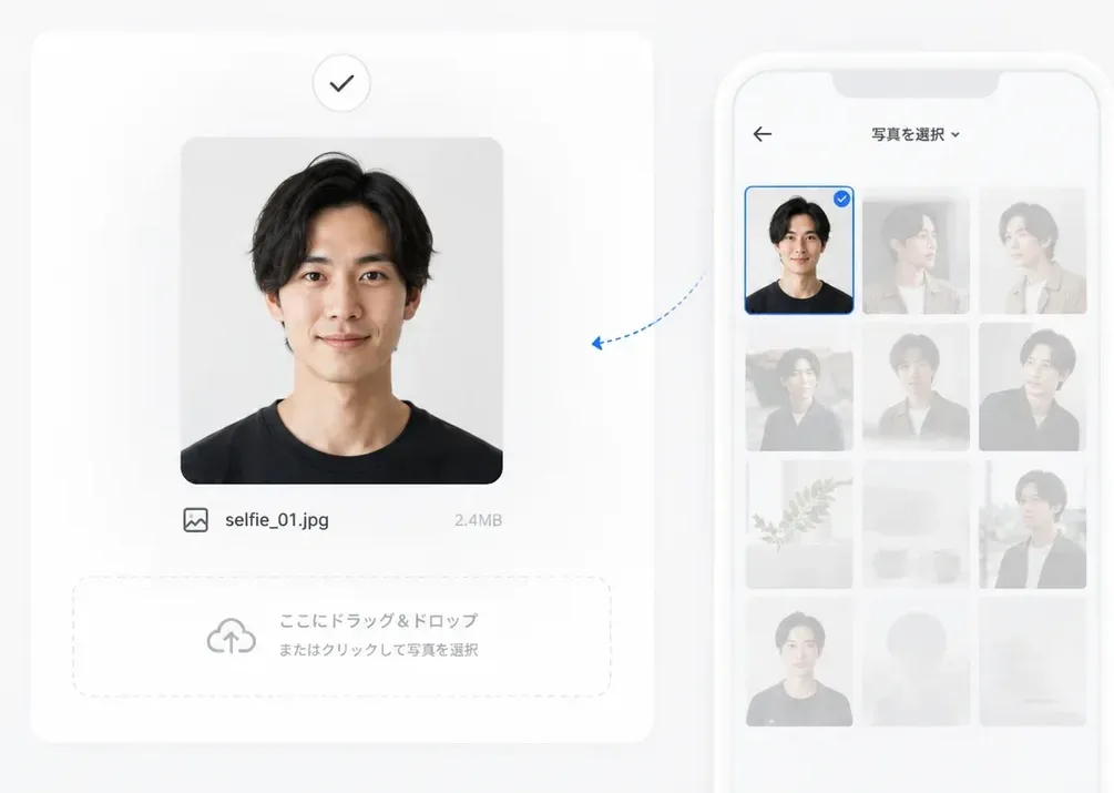 スマホの写真一覧から自撮りを1枚選んでアップロードしている画面